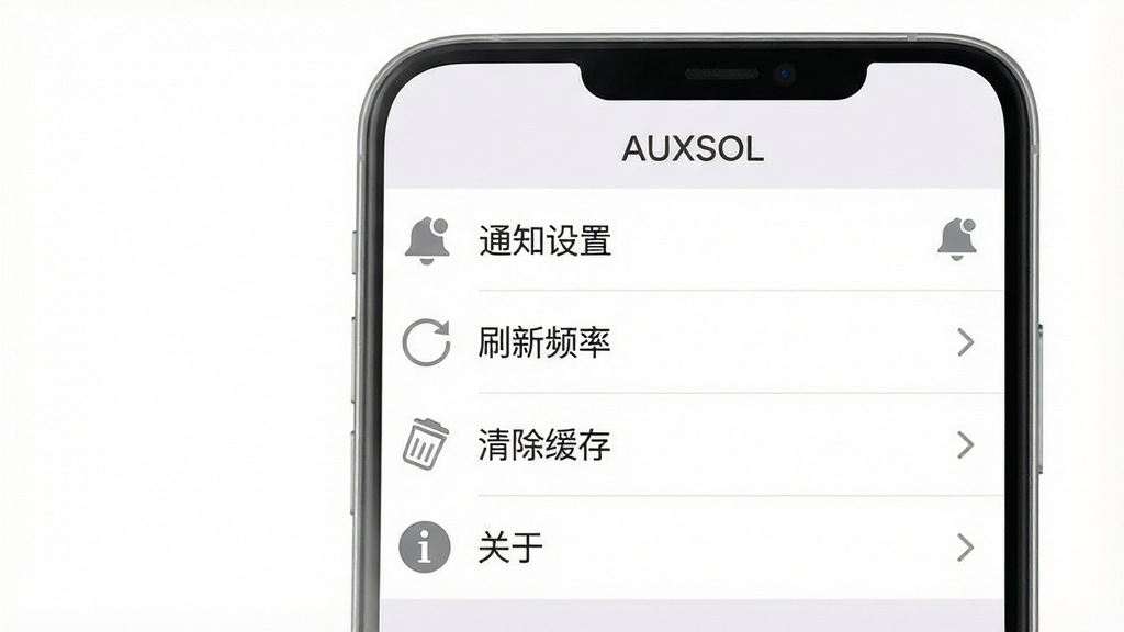 һ��չʾAUXSOL App���ý����ʾ��ͼ���������ֻ���Ļ����Ļ����ʾ�š�AUXSOL�������ò˵���������֪ͨ���á�����ˢ��Ƶ�ʡ�����������桱�������ڡ�������ѡ�����Ϊ�����б����У��Ű�����������Ǽ���ǳɫUI��ϸ����ͼ��Ϊ��ɫ����ͼ�꣬����Ϊ���ɫ�����ʸɾ�������Ϊ���ף��޶���Ԫ�ء�