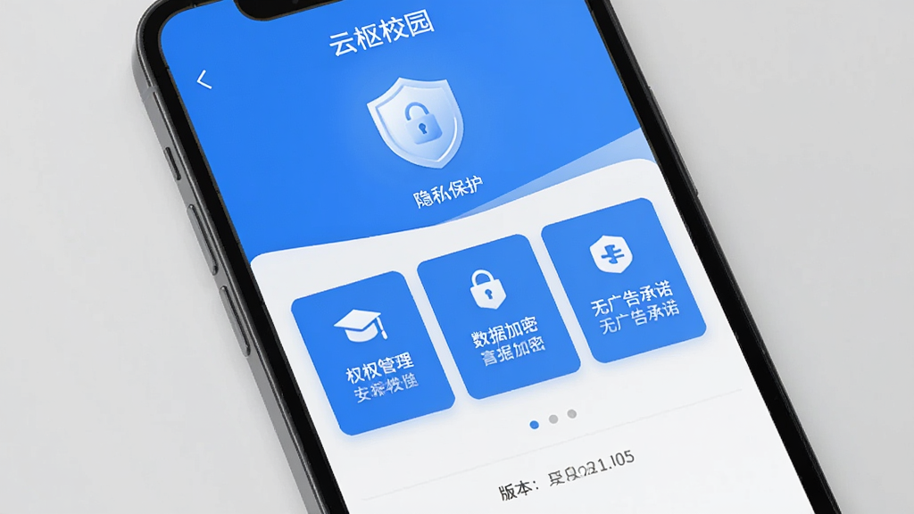 ����У԰��˽��������չʾ���ֻ���Ļ��ʾ������У԰��App������ҳ�棬��������˽��������ͼ�꣬�м���Ȩ�޹��������ݼ��ܡ��޹���ŵ����ѡ�Ƭ���ײ��а汾��Ϣ���������లȫ��������ɫ�����ʸɾ��޶���Ԫ�ء�