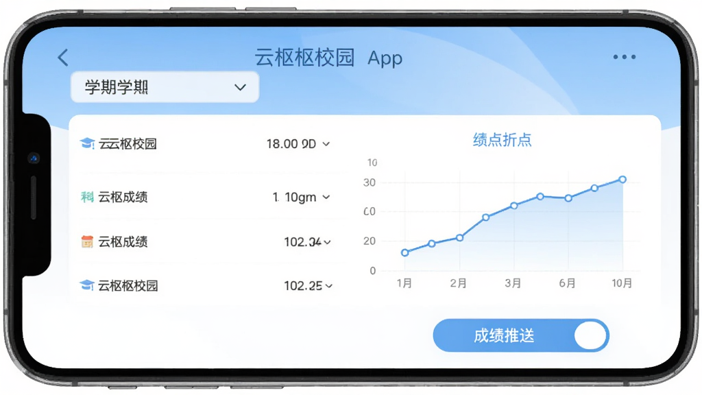 ����У԰�ɼ���ѯ���ܽ��棬�ֻ���Ļ��ʾ������У԰��App�ĳɼ�ҳ�棬������ѧ��ѡ���������м��Ǹ��Ƴɼ��б��ͼ�������ͼ���ײ��гɼ����Ϳ��ذ�ť�������԰�ɫ��ǳ��ɫΪ������������������ִ���ƽ�����ʸɾ��޶���Ԫ�ء�