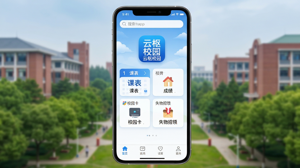 ����У԰App������ȫòչʾ���ֻ���Ļ������ʾ������У԰��Ӧ��ͼ������ƣ������Ǵ�ѧУ԰��ѧ¥�����������Զ���黯��������������ɫΪ�������������������м��ǿα����ɼ���У԰����ʧ�������ĸ����ܿ�Ƭ���ײ������������ɼ������������¼�࣬���ʸɾ����޶���Ԫ�ء�
