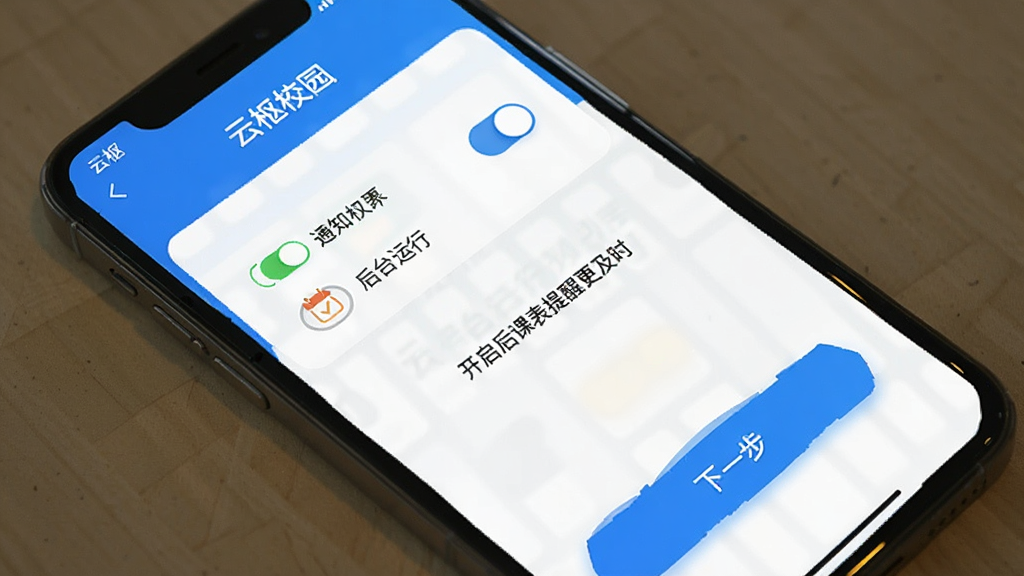 ����У԰���������������棬�ֻ���Ļ��ʾ������У԰��App��Ȩ������ҳ�棬������֪ͨȨ�޺ͺ�̨����Ȩ���������أ��м�������˵����������α����Ѹ���ʱ�����ײ�����һ����ť����������������������ɫ�����ʸɾ��޶���Ԫ�ء�