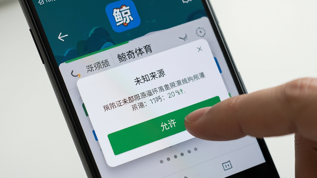 一张展示在安卓手机上安装“鲸奇体育”APP时,系统弹出“未知来源”权限请求界面的图片,主体是手机屏幕特写,屏幕上显示着安装确认按钮和权限提示文字。布局居中,排版简洁。风格写实,细节上手指正要点向“允许”按钮。画质清晰,干净,无多余元素。