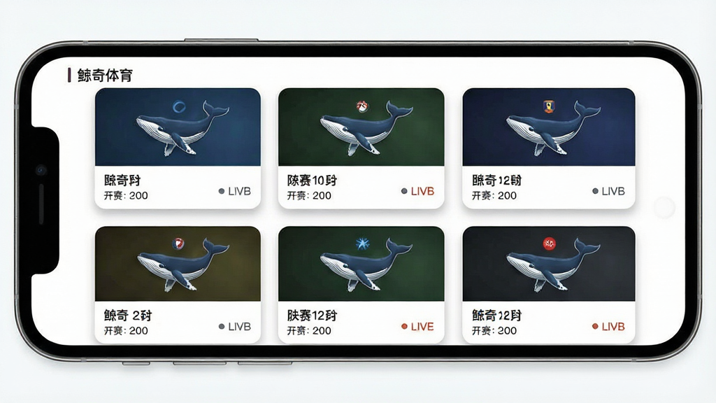 一张展示“鲸奇体育”APP赛事聚合界面的图片,主体是手机屏幕,屏幕上以网格形式排列着多个体育赛事的直播入口,每个入口都显示着比赛队伍名称和开赛时间。布局清晰规整,排版采用卡片式设计。风格简约现代,细节上每个卡片都有微小的阴影效果,文字清晰可读。画质清晰,干净,无多余元素。
