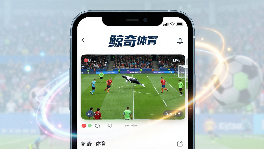 一张展示“鲸奇体育”APP核心界面的图片,主体是一个智能手机屏幕,屏幕中央清晰地显示着“鲸奇体育”的Logo和正在直播的体育赛事画面,画面中有足球场和运动员。布局采用居中构图,周围环绕着淡淡的运动光效。排版干净整洁,风格现代扁平化,细节上手机边框圆润,屏幕色彩鲜艳明亮。画质清晰,干净,无多余元素。