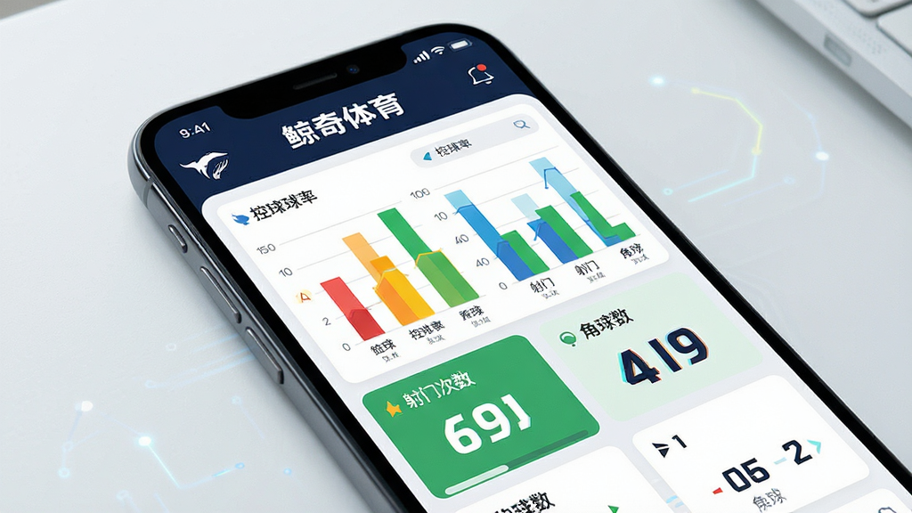 一张展示“鲸奇体育”APP数据统计界面的图片,主体是手机屏幕,屏幕上显示着一场足球比赛的实时数据面板,包括控球率、射门次数、角球数等条形图和数字。布局清晰,排版采用上下结构。风格偏向科技感,细节上数据条颜色鲜明,数字字体加粗。画质清晰,干净,无多余元素。