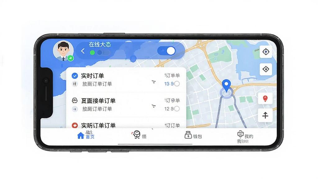 ��һ����˾����App�������ͼ���ֻ���Ļ��ʾ�ӵ�������������˾��ͷ�������״̬�л���ť���м���ʵʱ�����б��͵�ͼ��λ���ײ�������������ҳ��������Ǯ�����ҵ��ĸ�ͼ�꣬��������ɫ�Ͱ�ɫΪ��ɫ��������ɾ����࣬�޹�浯�����������������ʸ��壬�޶���Ԫ��