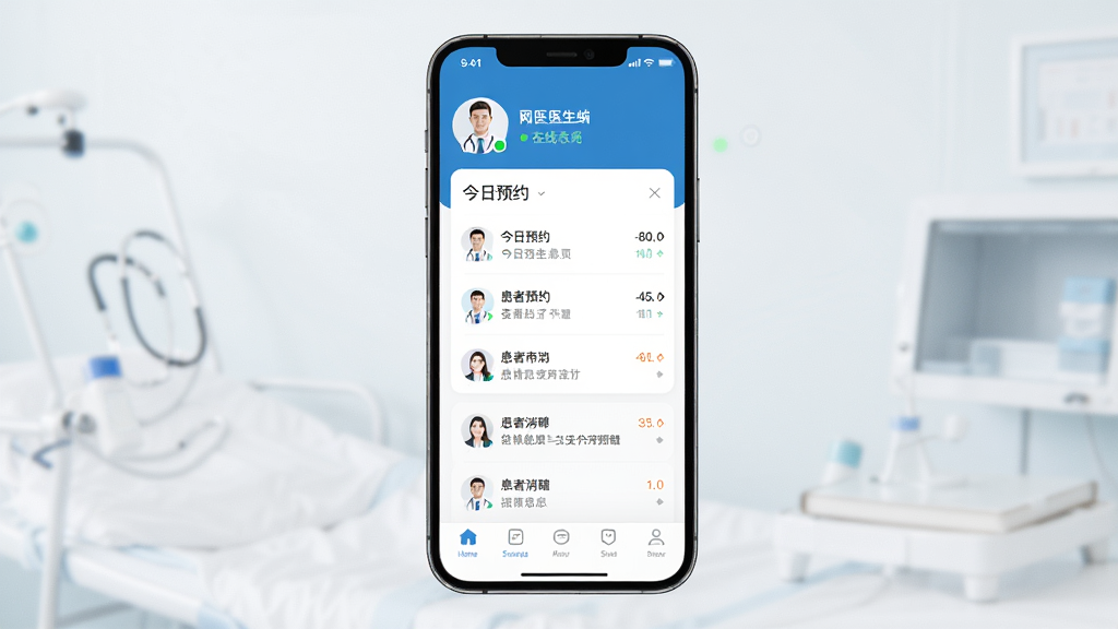 ��ҽҽ����Ӧ��������ȫòչʾ������������һ�������ֻ�����Ļ��ʾ��ҽҽ����App����ҳ��������ҽ��ͷ�������״̬���м��ǽ���ԤԼ�б��ͻ�����Ϣ���ѣ��ײ��ǵײ������������岼����������ҽ�����Ͱ�ɫΪ��ɫ�������ɾ�����ִ������ʸ��壬�޶���Ԫ��