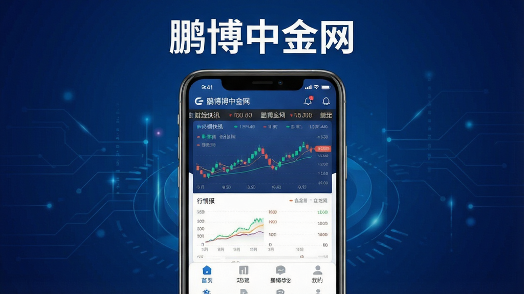 一张展示鹏博中金网软件核心全貌的宣传图,画面中央是手机屏幕,屏幕内显示鹏博中金网的主界面,上方有滚动财经快讯,中部是简洁的行情数据图表,下方是功能导航栏,背景为深蓝色渐变科技感风格,画质干净清晰,无多余元素,主体突出,布局居中,排版整齐,风格现代扁平化,细节圆润,文字“鹏博中金网”清晰显示在顶部。