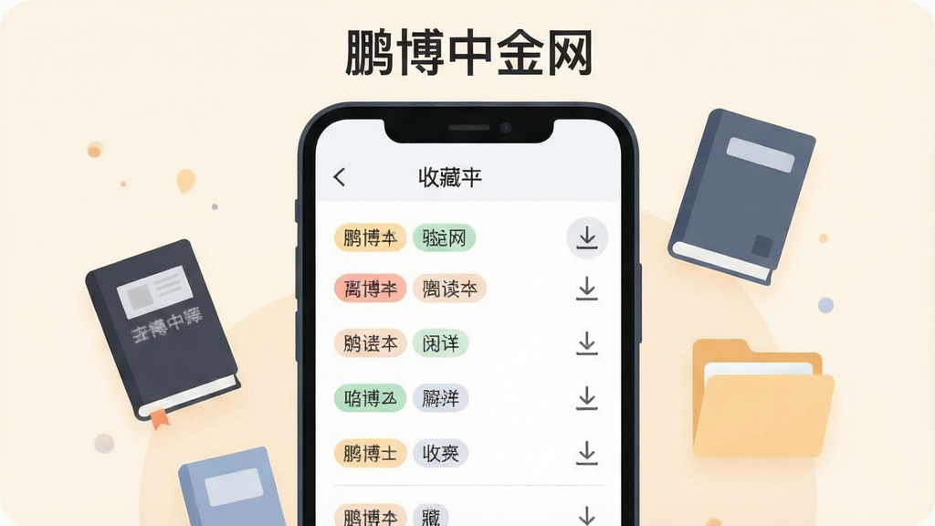 一张展示鹏博中金网离线阅读与收藏夹功能的创意插图,画面主体是一部手机,手机屏幕显示收藏夹列表,列表项带有标签分类和下载箭头图标,手机旁边漂浮着几本电子书和文件夹图标,布局简洁,排版清晰,风格为轻量级扁平插画风,细节柔和,画质干净,背景为浅色,无多余元素,手机屏幕上方有“鹏博中金网”文字。