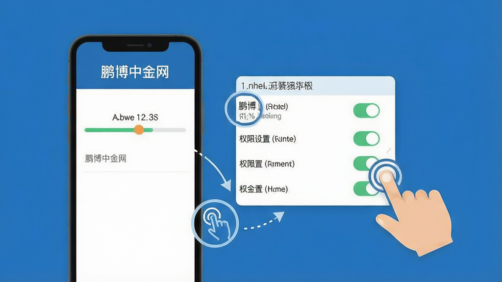 一张展示鹏博中金网在手机上安装和权限设置步骤的示意图,画面主体为手机屏幕,屏幕上显示安装进度条和权限开关列表,旁边有手指点击的图标,布局清晰,排版分步展示,风格为简约扁平化教程风,细节明确,画质干净,背景为纯色,无多余元素,屏幕顶部有“鹏博中金网”字样。
