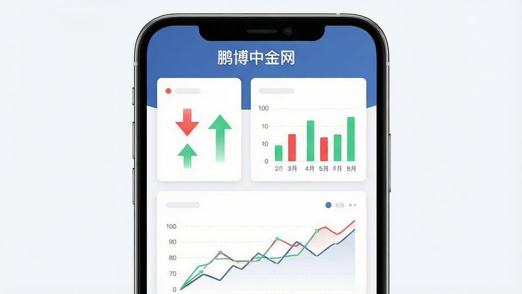 一张展示鹏博中金网数据看板功能的界面截图风格图片,画面主体为手机屏幕特写,屏幕内呈现简洁的金融数据卡片,包括红绿涨跌箭头、柱状图、折线图,布局清爽,排版有层次感,风格为现代扁平化科技风,细节精致,画质高清,背景干净,无杂乱元素,屏幕顶部有“鹏博中金网”字样。