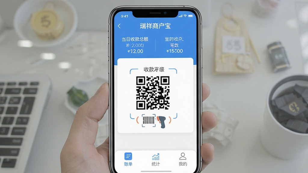 һ��չʾ�����̻����ֻ�Ӧ���������ͼƬ������������һ�������ֻ�����Ļ��ʾ�����̻������տ�ҳ�棬�����е����տ��ܶ�ͱ������м�����Ŀ���տ��ά���ɨ��ǹͼ�꣬�ײ�Ϊ�˵���ͳ�ƺ��ҵ�����ѡ���������������ɫΪ��������ִ���ƽ��ͼ��Բ�����ֱ�ע���������ʸɾ��޶���Ԫ��