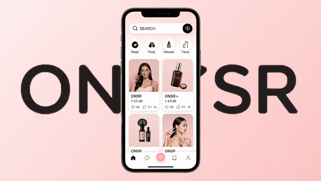 һ��չʾONSR��ױ����App���Ľ������ϸ��ͼ��������һ�������ֻ�����Ļ����ʾONSRӦ�õ���ҳ�������Ϸ���������ͷ���ͼ�꣬�м�����ױ��Ʒ��Ƭ�б����ײ��ǵ��������Ű�������������ִ���ƽ����ϸ��Բ�󣬻��ʸɾ��޶���Ԫ�أ�����Ϊ��͵�ǳ��ɫ���䣬�����д���ONSR���ֱ�ʶ