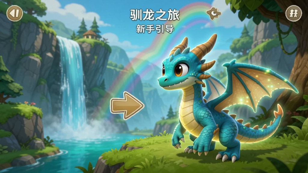 驯龙之旅 新手引导界面截图,一只发光的小龙正在引导玩家点击屏幕上的任务箭头,背景是绿意盎然的龙巢谷,有瀑布和彩虹,UI简洁明了,风格清新,画面明亮干净