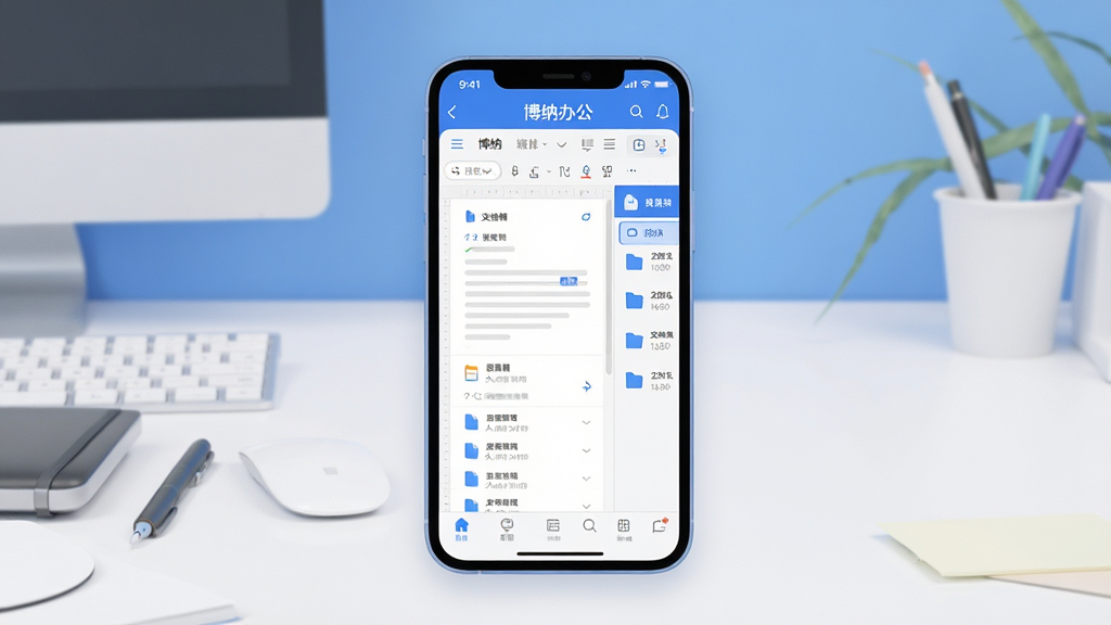 һ��չʾ���ɰ칫APP����ȫò��ͼƬ�������������ֻ���Ļ����Ļ��չʾ���ɰ칫APP�����棬�����ĵ��༭�����ļ��б��͹�����������������ɫ��Ϊ�����Ű�ɾ����룬�����Ǽ��İ칫���棬����ִ���ƽ��ϸ������Բ�󣬻��ʸɾ��޶���Ԫ��
