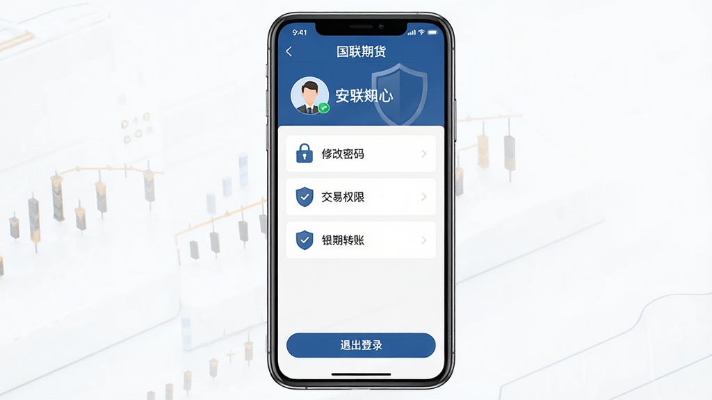 һ��չʾ�����ڻ�APP�˻���ȫ���ý����ͼƬ���������ֻ���Ļ����Ļ����ʾ�š������ڻ����İ�ȫ����ҳ�棬�����Ƕ������˻�ͷ����������м����޸����롢����Ȩ�ޡ�����ת�˵�������ײ����˳���¼��ť���Ű��࣬����ǰ�ȫ��������ϸ����ͼ�������κͶ���Ԫ�أ����ʸ��壬�ɾ����޶���Ԫ��