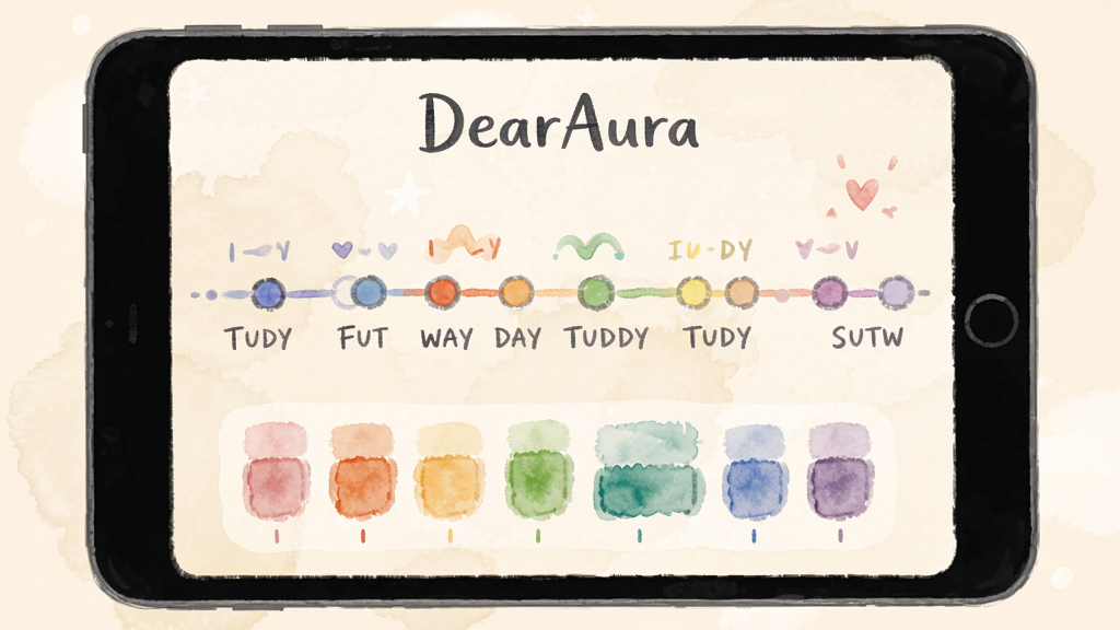 DearAura�������ع˽��棬����������һ����͵�ʱ���ᣬ����ֲ��Ų�ͬ��ɫ��СԲ�����ÿ���������¼���·��м򵥵�ɫ��ͳ�ƣ����������ֻ�ˮ�ʣ�����Ϊ����ɫ�����ʸɾ����޶���Ԫ�أ������д��С�DearAura������