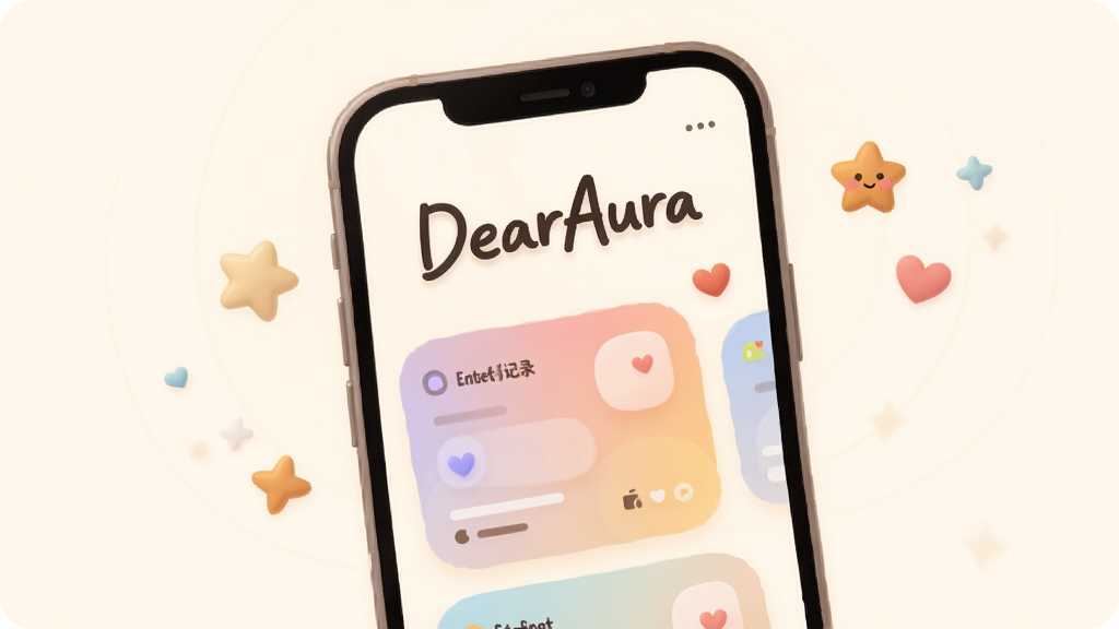 һ����ܰ���ֻ�Ӧ�ý���չʾ������������DearAura�������棬�װ�ɫ��������һ����д��Ӣ�ġ�DearAura�����·�����ͽ����������¼��Ƭ���Ա�ɢ���ż������Ǻ�С����װ�Σ���������ů��������ƽ�廭�磬ϸ�����Բ�󣬻��ʸɾ��������޶�������Ԫ��