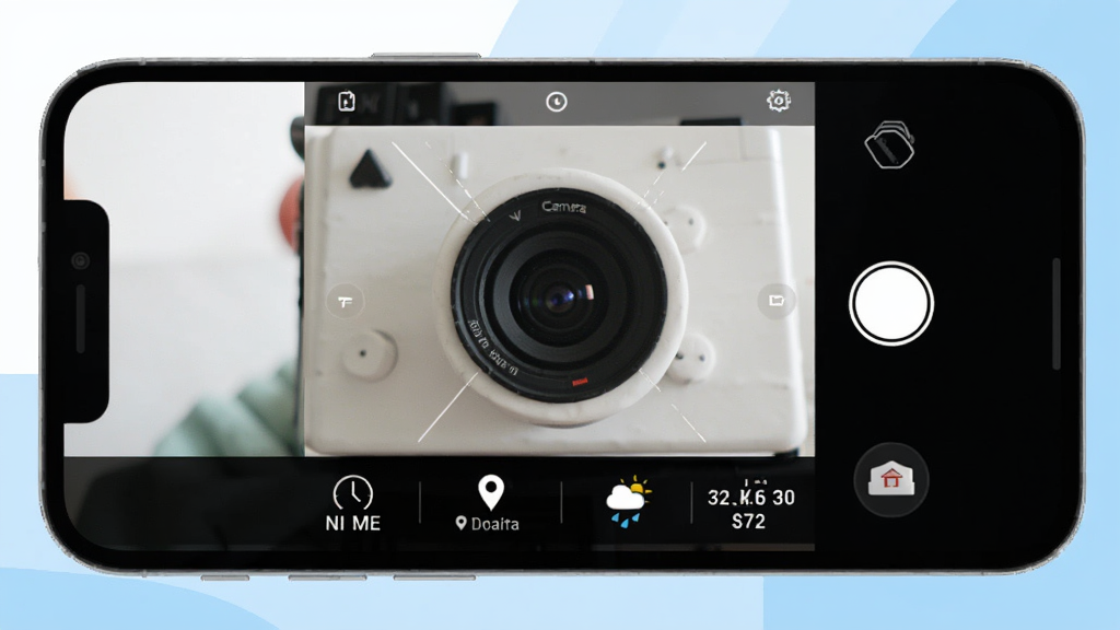 Mark Camera Ӧ��������չʾ���ֻ���Ļ���������ȡ�����·�������ʱ�䡢�ص㡢��������γ�ȵ�ˮӡ��Ϣͼ�꣬�����Ǽ��İ�ɫ��ǳ��ɫ��������ɾ��޹�棬����ִ���ƽ�������������޶���Ԫ��