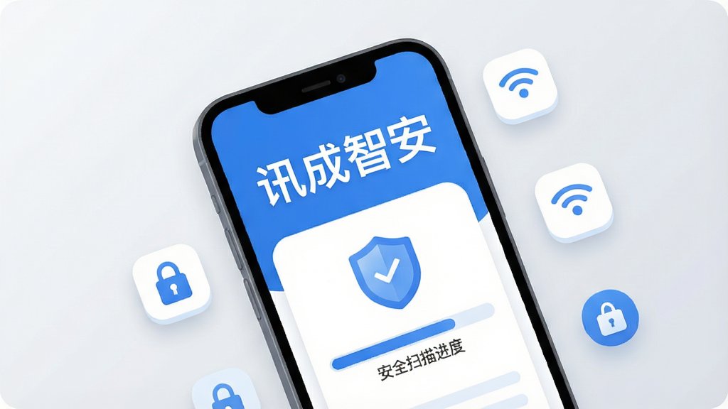 ��һ���ֻ���Ļ��д������������һ������ɫ����App���棬������Ŀ��ʾ��Ѷ���ǰ����ĸ��֣��·��а�ȫɨ��������Ͷ���ͼ�꣬��Χ�������ֻ�������WiFi�źŵ�Сͼ�꣬�����Ǹɾ���ǳ��ɫ���䣬����ִ���ƽ����ϸ��Բ�󣬻��������޶���Ԫ��