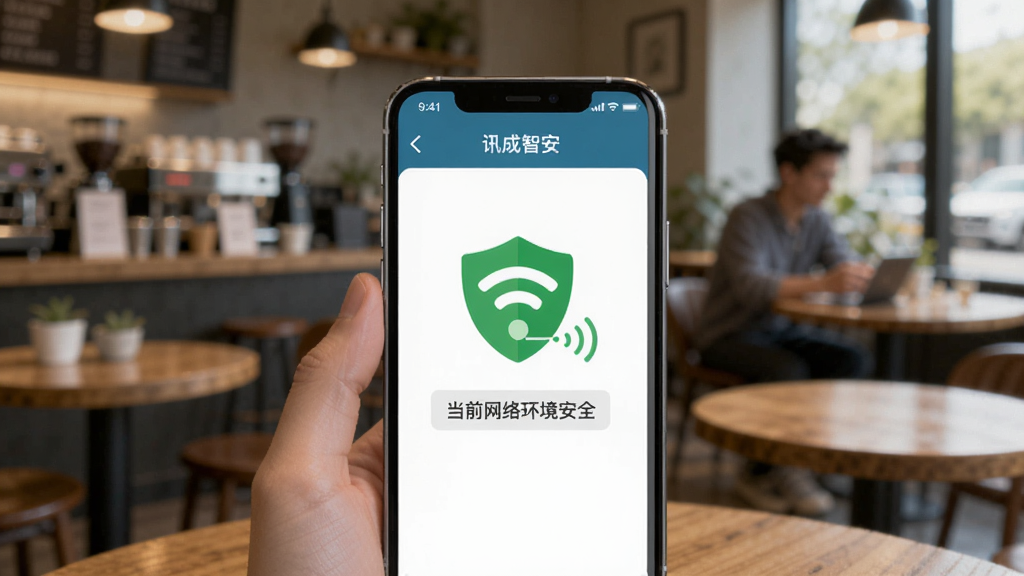 ��һ���ֻ�����WiFi�ĳ������ֻ���Ļ��ʾ��Ѷ���ǰ�������������棬��һ����ɫ�Ķ��ƺ�WiFi�ź�ͼ�꣬�·�����д�š���ǰ���绷����ȫ���������ǿ�������ģ�����������дʵ��ƽ��ϣ����ʸɾ�