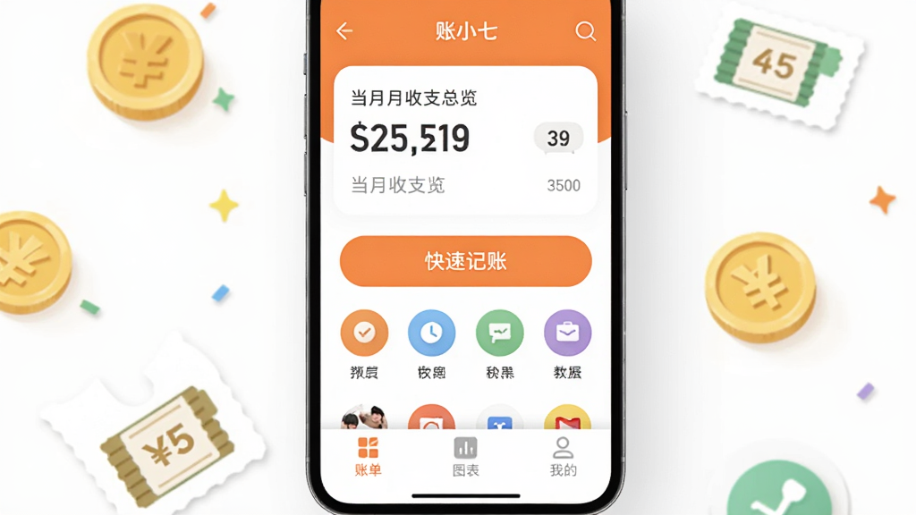 ����������һ�������ֻ�����Ļ��ʾ��С��App�ļ��������棬������ɫ��Ϊů��ɫ�Ͱ�ɫ�������е�����֧�������֣��м��ǿ��ټ��˰�ť�ͷ���ͼ�꣬�ײ����˵���ͼ�����ҵ�����ѡ����ֻ���Χɢ���ż�����Һ��˵�Сͼ�꣬��ƽ����Ʒ�񣬸ɾ��������޶���Ԫ�أ����廭��