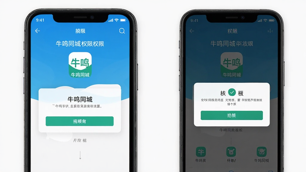 һ��չʾţ��ͬ��App���ֻ��ϰ�װ��Ȩ�����ò����ͼƬ���������ֻ���Ļ����Ļ����ʾţ��ͬ��App�İ�װ�����Ȩ����Ȩ����������Ϊ������ͼ���Ű����������дʵ��ϸ����ȷ�����ʸɾ����޶���Ԫ�أ�ͼƬ�����ְ�����ţ��ͬ�ǡ�