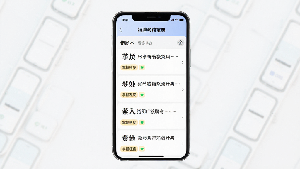 手机界面展示“招聘考核宝典”错题本页面,列表形式排列错题,每道题旁边有标签和掌握程度标记,风格简洁现代,画质干净无多余元素