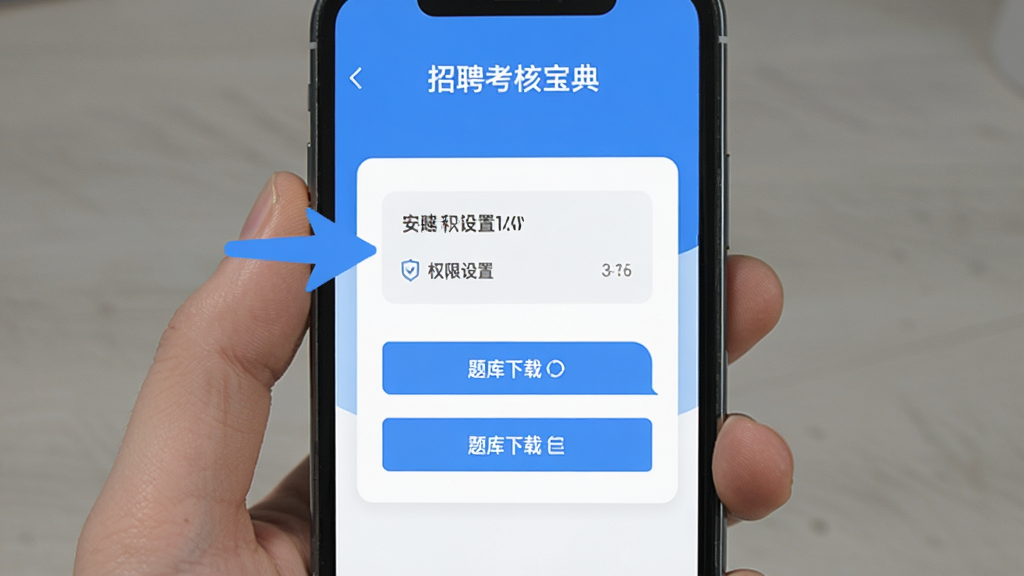 手机显示“招聘考核宝典”新手引导页面,有箭头指向权限设置和题库下载按钮,风格简洁扁平,蓝白配色,画质干净无多余元素