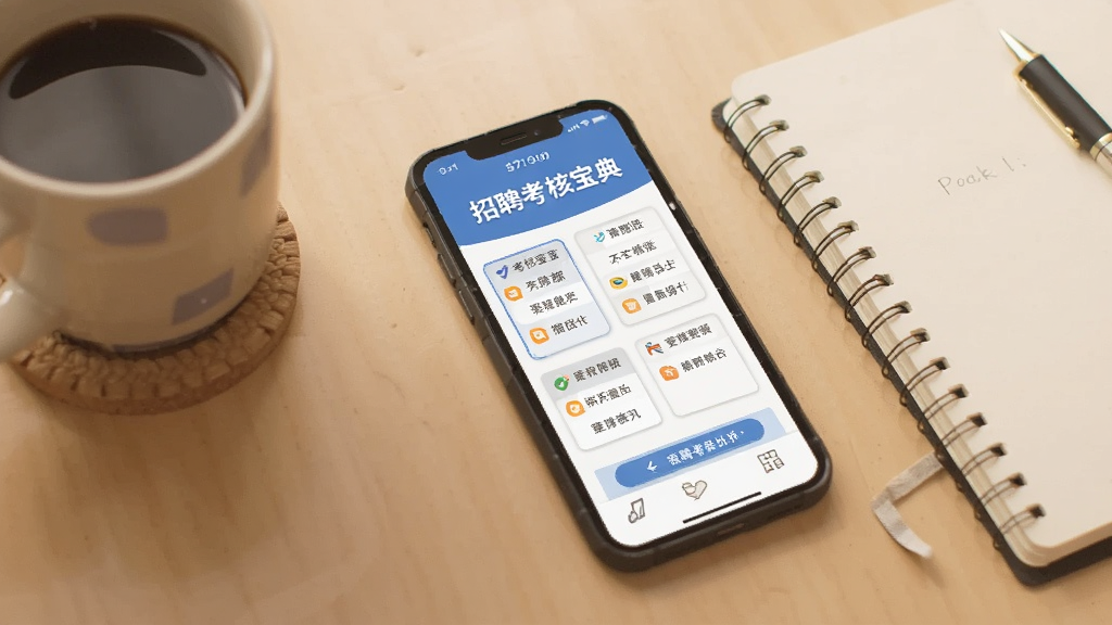 一个手机放在桌面上,屏幕显示“招聘考核宝典”刷题界面,旁边有咖啡杯和笔记本,场景温馨日常,风格写实偏扁平,画质干净无多余元素