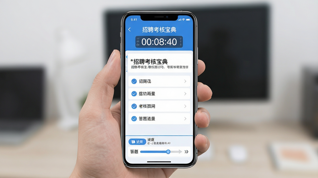 手机屏幕显示“招聘考核宝典”模拟考核倒计时界面,顶部有计时器,中间是题目和选项,底部有答题卡进度,风格简洁扁平,蓝白配色,画质干净无多余元素