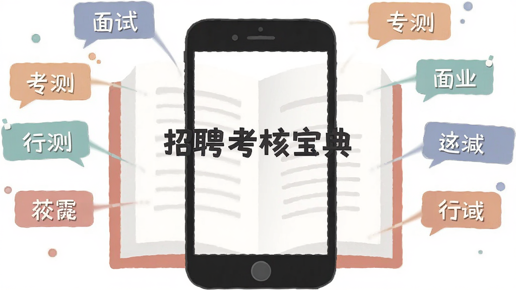 一个打开的书本与手机结合的插画,书本页面显示“招聘考核宝典”字样,周围环绕着不同分类标签如行测、专业、面试等,风格简洁扁平,色彩柔和,画质干净无多余元素