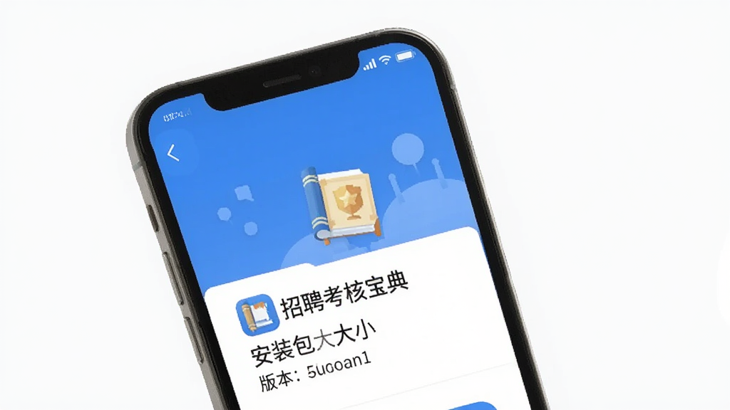 手机屏幕展示“招聘考核宝典”应用信息页面,显示安装包大小和版本信息,界面清爽无广告,风格简洁扁平,蓝白配色,画质干净无多余元素