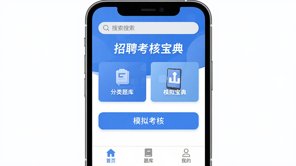 手机屏幕中央展示“招聘考核宝典”应用主界面,蓝白配色,顶部有搜索栏,中间是分类题库卡片和模拟考核入口按钮,底部有首页、题库、我的三个选项卡,整体布局清晰现代,扁平化风格,画质干净无多余元素