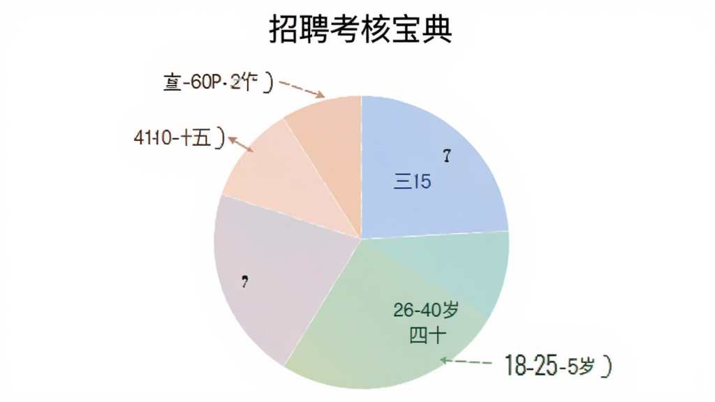 饼状图展示“招聘考核宝典”用户年龄分布,18-25岁占比百分之三十五,26-40岁占比百分之四十,41-60岁占比百分之二十五,图表简洁清晰,配色柔和,画质干净无多余元素