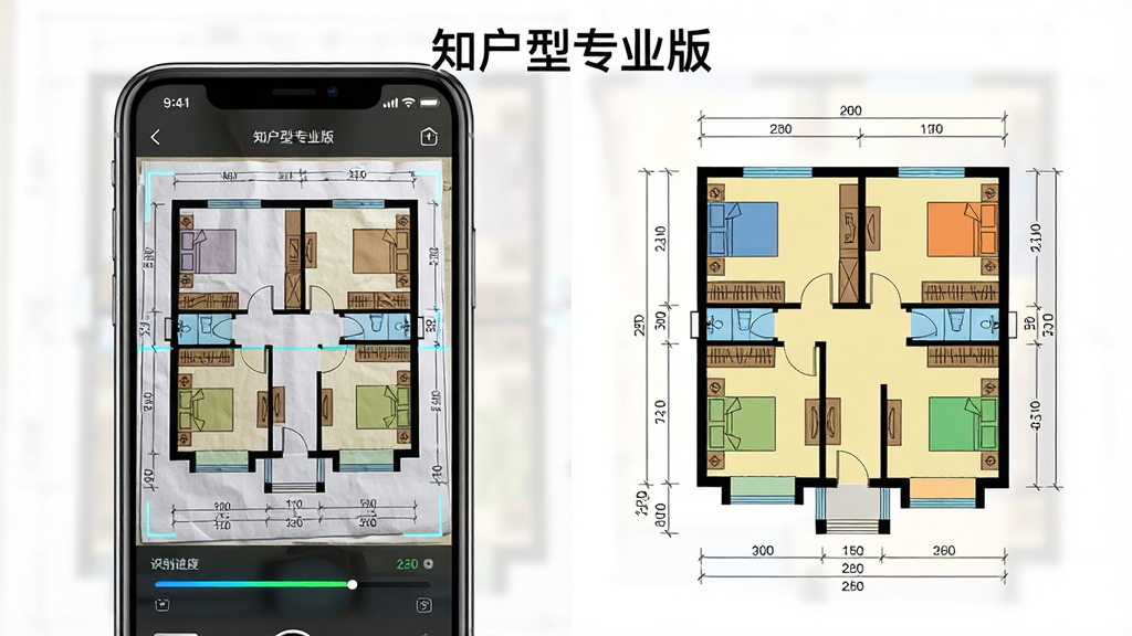 一张展示知户型专业版智能识别功能的图片,主体是手机屏幕显示一张纸质户型图被扫描识别后自动生成彩色2D矢量户型图,布局上左边是原图右边是识别结果,排版采用左右对比形式,风格是科技感与实用感结合,细节上包含识别进度条和尺寸标注,画质清晰干净无多余元素,图片中打文字“知户型专业版”