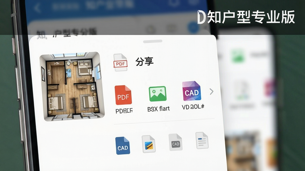 一张展示知户型专业版导出与分享功能的图片,主体是手机屏幕显示一个分享菜单弹出框,布局上屏幕中间是分享选项列表旁边是户型缩略图,排版清晰,风格是现代化UI设计,细节上包含PDF、图片、CAD等格式图标,画质干净无多余元素,图片中打文字“知户型专业版”