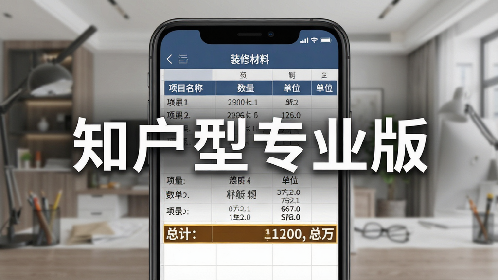 一张展示知户型专业版材料清单功能的图片,主体是手机屏幕显示一份表格形式的装修材料清单,布局上表格包含项目名称、数量、单位等列,排版整齐,风格是商务办公风格,细节上包含高亮显示的总计行,画质清晰干净无多余元素,图片中打文字“知户型专业版”
