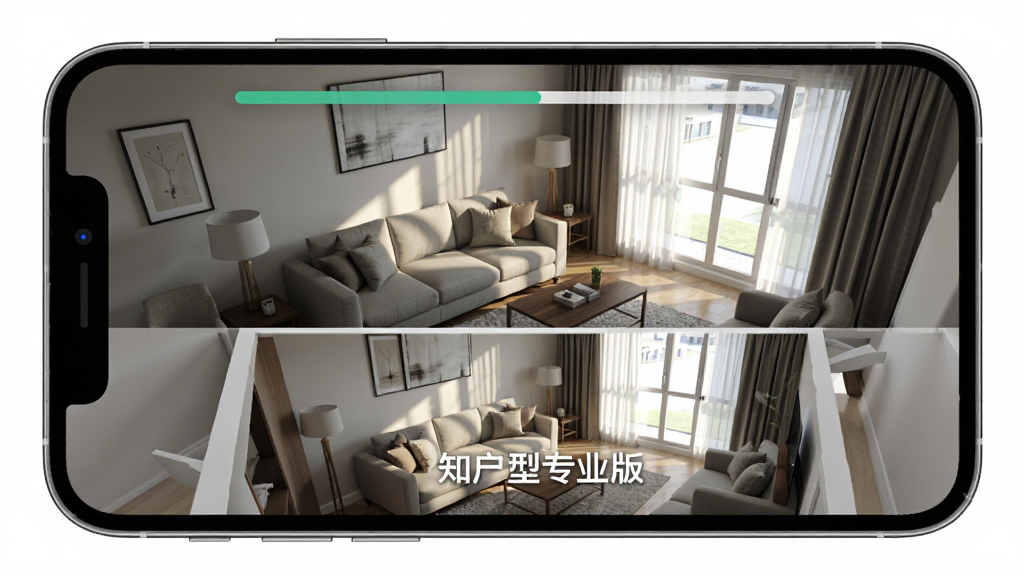 一张展示知户型专业版3D渲染效果的图片,主体是手机屏幕显示一个客厅的3D效果图,布局上屏幕上方是渲染进度条下方是完成的效果图,排版简洁,风格是写实家居风格,细节上包含沙发、茶几、地毯和窗户光影,画质高清干净无多余元素,图片中打文字“知户型专业版”