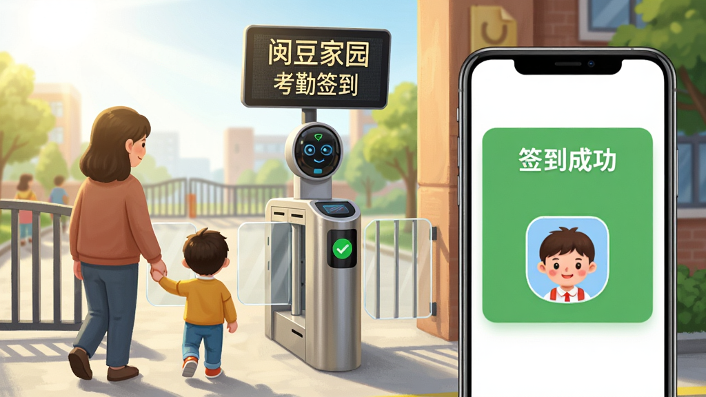 一个学校大门口的早晨场景,阳光明媚,一位家长牵着孩子的手走向校门,校门口有一个带有人脸识别摄像头的智能闸机,闸机上方显示“闵豆家园 考勤签到”字样。画面右侧是一个手机屏幕的放大图,屏幕上显示着“签到成功”的绿色提示和孩子的头像。整体风格写实偏卡通,色彩明亮,画质干净,无多余元素。