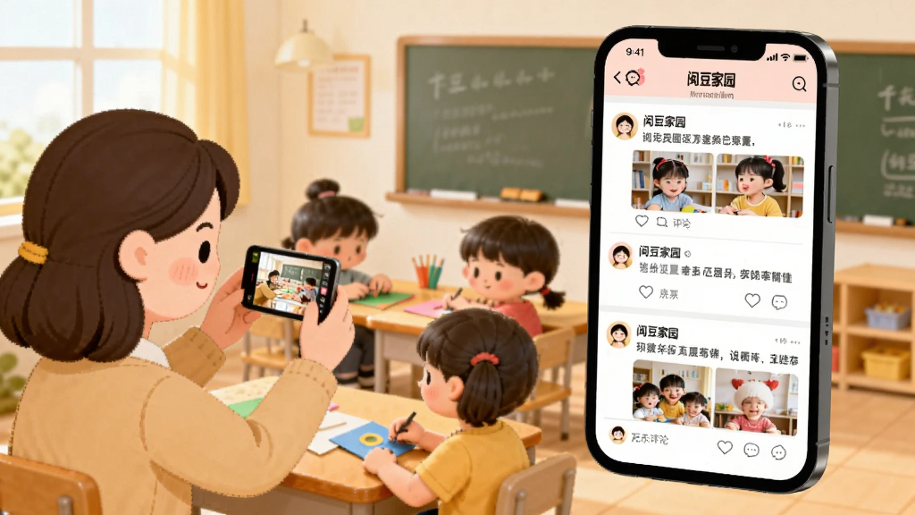 一个温馨的教室场景插画,画面左侧是一位老师拿着手机拍摄孩子们做手工的画面,右侧是一个巨大的手机屏幕悬浮在空中,屏幕里显示着“闵豆家园”的班级圈界面,界面中有多条动态,每条动态都配着孩子们的照片和老师的文字说明,动态下方有家长点赞和评论的小图标。整体风格卡通可爱,色彩温暖,画质干净,无多余元素。