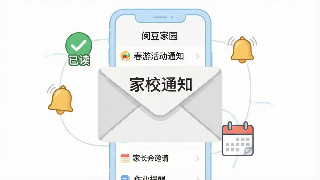 一张信息图表风格的插画,画面中央是一个巨大的信封图标,信封上写着“家校通知”,信封周围环绕着几个小图标:一个打勾的“已读”标记、一个铃铛提醒、一个日历。背景是简洁的白色,用淡蓝色的线条勾勒出手机屏幕的轮廓,屏幕里显示着“闵豆家园”的通知列表,列表项有“春游活动通知”、“家长会邀请”、“作业提醒”等。整体风格现代简洁,画质干净,无多余元素。