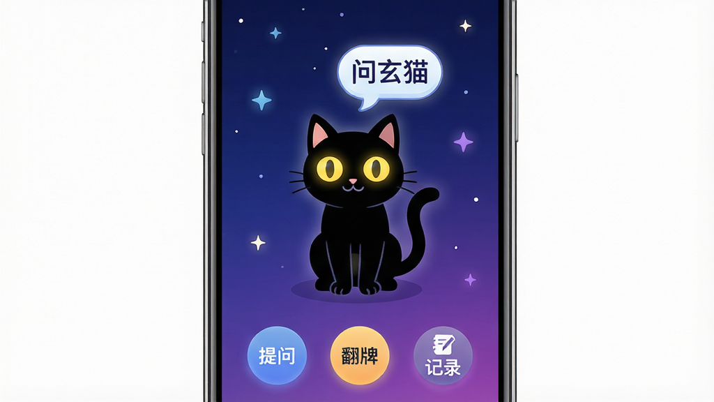 һ���ֻ���Ļչʾ���棬���������ǡ�����è��App����ҳ������������ɫ�ǿմ�һ����ɫ���䣬�м���һֻ��ͨ��è�����ţ�è���۾��Ƿ���Ļ�ɫ��è��ͷ����һ���Ի�����д�š�����è�����ײ�������Բ��ͼ�갴ť�ֱ�д�š����ʡ������ơ�����¼�����������Ǳ�ƽ��ͨ����΢����Ч�����Ű���жԳƣ�����ɾ��޶���Ԫ�أ����廭��