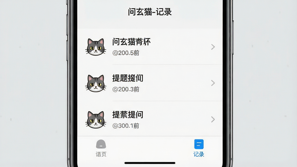 һ���ֻ�����չʾͼ�������ǡ�����è��App����ʷ��¼ҳ�棬����ǳ��ɫ���б���ʽչʾ������¼��ÿ����¼�����һ��Сèͷ��ͼ�꣬�Ҳ����������ݺ�ʱ���������������д�š�����è-��¼�����ײ�������������ʾ����¼��ͼ�꣬���������ִ��������������Ű����룬���ʸɾ�������Ԫ��