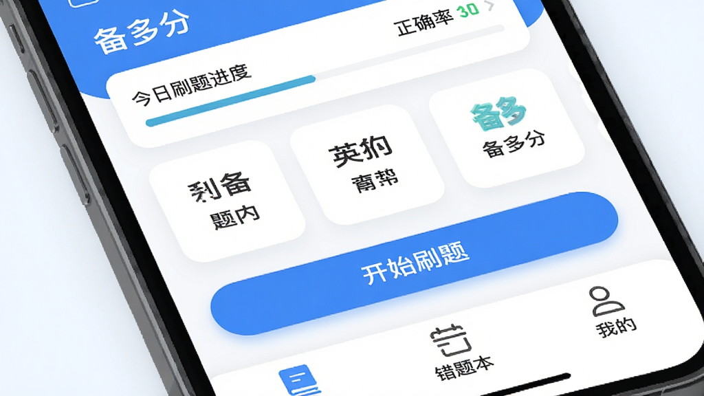 �ֻ���Ļ��дչʾ������֡�APP��ҳ���棬������ʾ����ˢ����Ⱥ���ȷ�ʣ��м��ǿ�Ŀ���࿨Ƭ�Ϳ�ʼˢ�ⰴť���ײ�Ϊ��⡢���Ȿ���ҵ�����ѡ�������������ɫ������������࣬����ִ���ƽ��ϸ��Բ�󣬻��ʸɾ��޶���Ԫ��