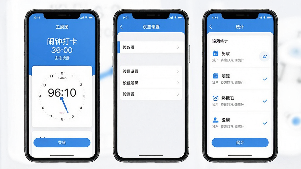 һ���ֻ�Ӧ�ý���չʾͼ�������в���չʾ���Ӵ�APP��������ͬҳ�棺�����桢���ý����ͳ�ƽ��档������ͳһ���԰�ɫ����ɫΪ��ɫ�������ּ�������������ͼ�꾫�£����κι���������ʸɾ��޶���Ԫ��