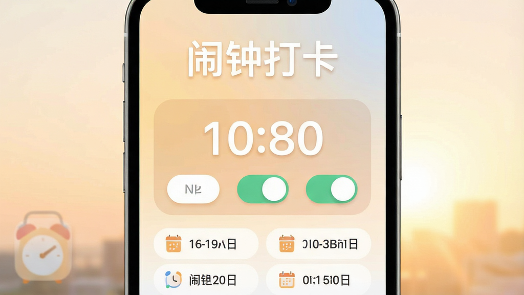һ���ֻ���Ļ��ͼ���������������Ӵ�APP�������棬��������͵��峿����ɫ���������Ϸ���ʾ�����Ӵ򿨡��ĸ����֣��м���һ����Ŀ��ʱ����ʾ����ͼ������ذ�ť���·������ż������úõ�����ʱ���ǩ�����岼�ּ�����ˣ�����ִ���ƽ��ͼ��Բ�󣬻��ʸɾ��޶���Ԫ��