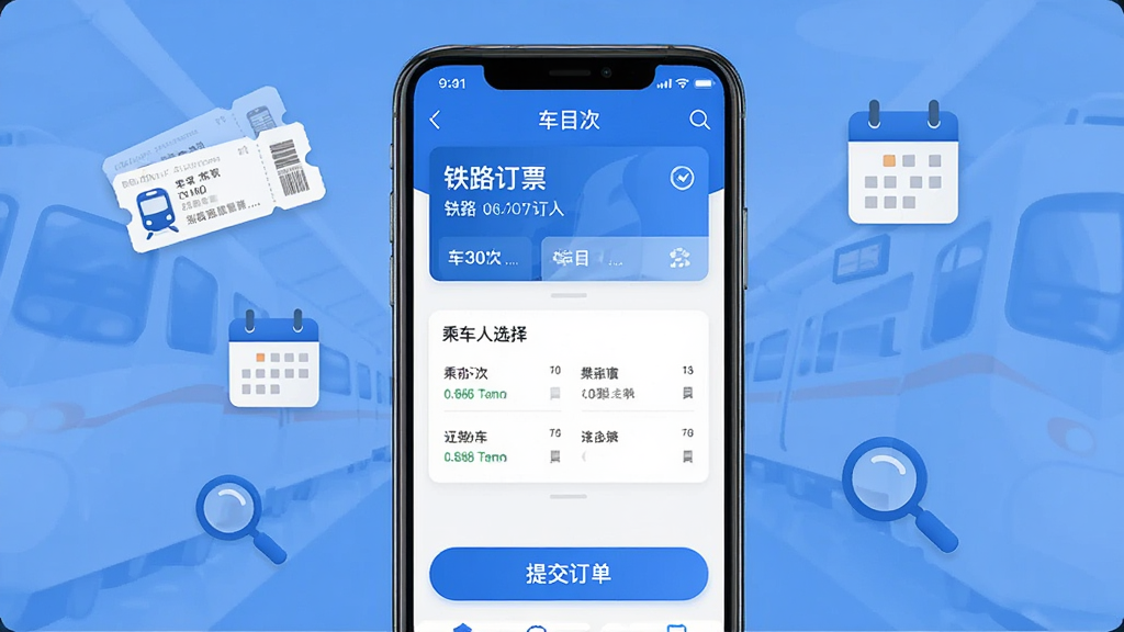 一张AI生成的应用功能展示图,画面中一部手机屏幕显示铁路订票软件的购票页面,上方有车次信息卡片,中间是乘车人选择区域,底部是提交订单按钮,周围环绕着车票、日历、放大镜等小图标作为装饰,整体风格清爽现代,蓝色为主色调,画质干净无多余元素,图片中带“铁路订票”文字