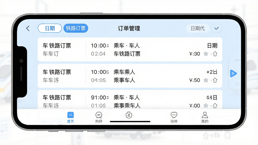 一张AI生成的手机应用界面图,画面展示铁路订票软件的订单管理页面,列表中显示多条订单记录,每条记录包含车次、日期、乘车人信息,顶部有筛选标签,底部有导航栏,整体风格简洁商务,以白色和浅蓝色为主,布局整齐,画质干净无多余元素,图片中带“铁路订票”文字