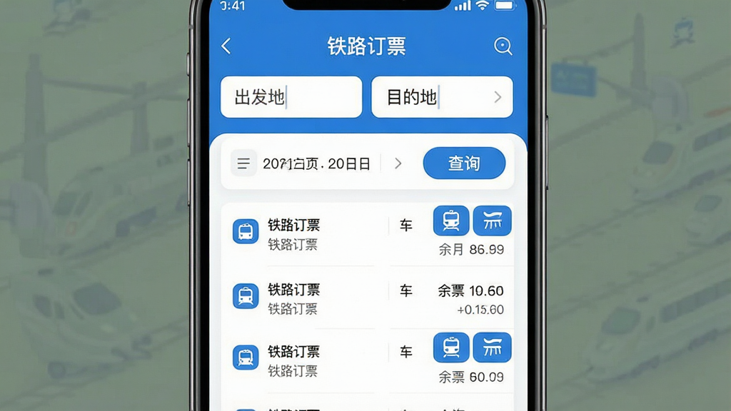 一张手机应用界面截图,画面中央是铁路订票软件的首页,顶部显示出发地和目的地输入框,中间有日期选择栏和查询按钮,下方展示车次列表和余票信息,整体布局简洁清晰,以蓝色和白色为主色调,风格现代扁平,图标圆润,画质干净无多余元素,图片中带“铁路订票”文字